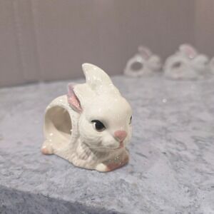 Set of 6 Ceramic Bunny Rabbit Napkin Rings Holders Easter Spring Table Decor